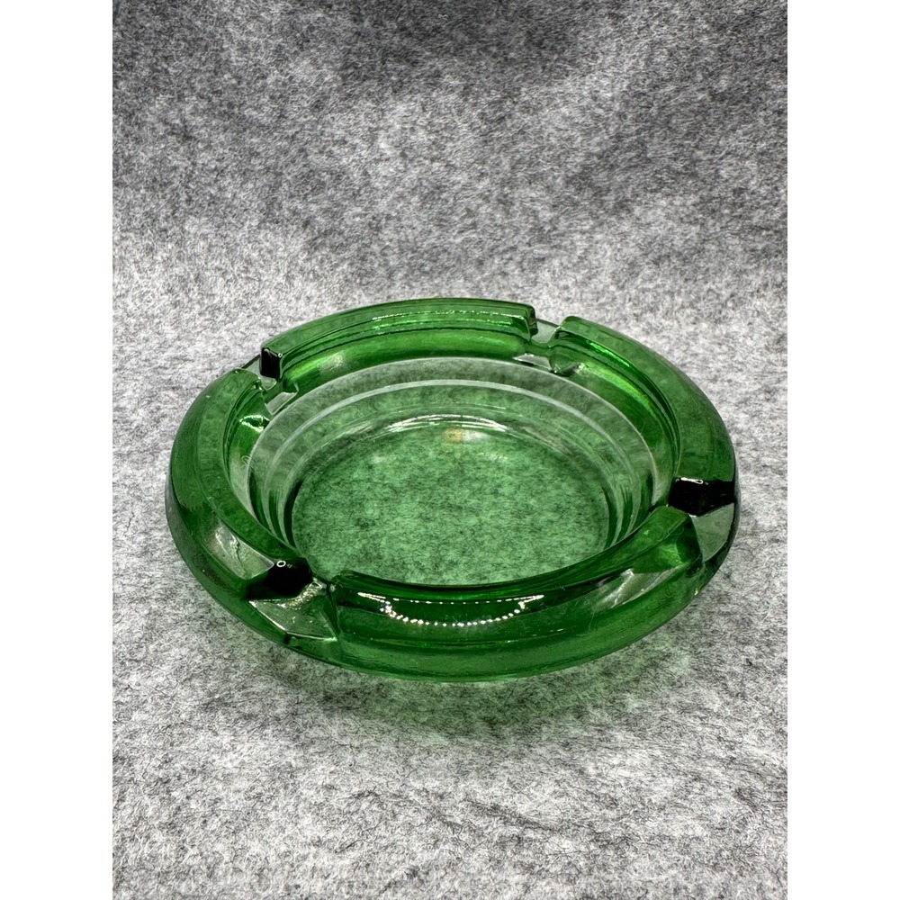 Vintage Green Glass Ashtray Round Emerald Mid Century Modern MCM 4 Slot